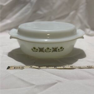 Fire King White Casserole Dish with Green Floral Design